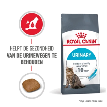 Royal Canin Urinary kattenvoer zak, met een kat en een brokje, met tekst die aangeeft dat het de urinegezondheid binnen 10 dagen ondersteunt.