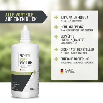 Flasche REAVET Wurmholz-Mix, ein natürliches Haustierprodukt: 100% natürlich, Premium-Qualität, einfache Dosierung. Hergestellt in Deutschland.