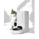 Graue und weiße Katze neben einem weißen PETKIT Yumshare Solo automatischen Futterspender mit eingebauter Kamera.