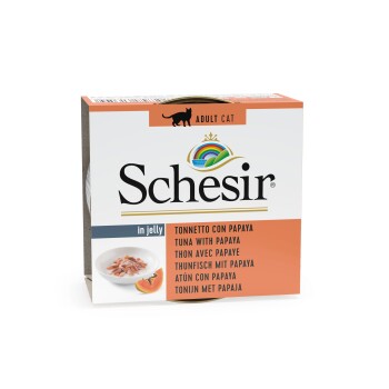 Schesir Katzenfutter für Erwachsene in Gelee, mit Thunfisch und Papaya. Die Verpackung zeigt mehrere Sprachen: Italienisch, Englisch, Französisch, Deutsch und Spanisch.