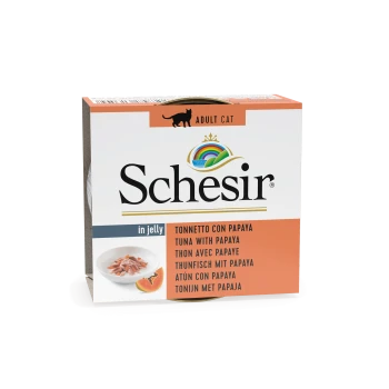 Schesir Katzenfutter für Erwachsene in Gelee, mit Thunfisch und Papaya. Die Verpackung zeigt mehrere Sprachen: Italienisch, Englisch, Französisch, Deutsch und Spanisch.