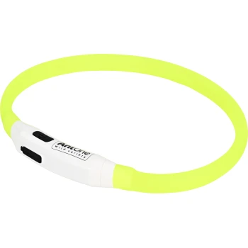 Ein leuchtend gelbes Haustierhalsband mit einer weißen Steuereinheit, die einen Einschaltknopf und den Markennamen "Antone Wild Variety" zeigt.