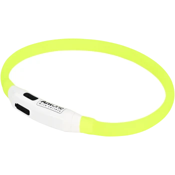 Un collier pour animaux de compagnie jaune vif avec une unité de contrôle blanche comportant un bouton d'alimentation et le nom de la marque "Antone Wild Variety."