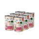 Sechs Dosen VEGDOG Hundefutter mit einer Illustration eines weißen Hundes, beschriftet mit "Lupinenprotein" und Zutaten wie Amaranth und Chiasamen.