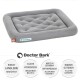Graues Haustierbett mit gepolstertem Design, beschriftet "Doctor Bark", mit Angaben zur Haltbarkeit, Hygiene und Waschbarkeit bis zu 95 °C.