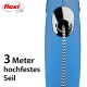 Blaues, einziehbares Hundeleine mit einem schwarz-weißen Seil, mit dem Text "3 Meter hochfestes Seil" und dem flexi-Logo.
