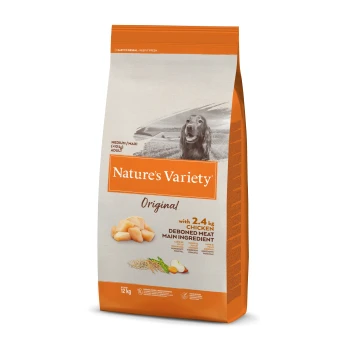 Original - karma dla psów dorosłych z kurczakiem bez kości 12kg Torba karmy dla psów Nature's Variety oznaczona "Original", z dużym wizerunkiem psa, 2,4 kg kurczaka i ważąca 12 kg.