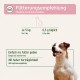 Fütterungsempfehlung (Feeding recommendation) — 0,5 g täglich pro 5 kg; ins Futter mischen; Biokompatibilität; lachender Hund.