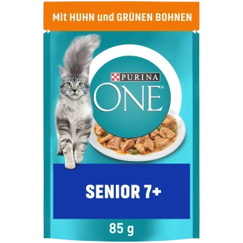 Verpackung von Purina ONE Katzenfutter mit einer grauen getigerten Katze, mit dem Text "Mit Huhn und Grünen Bohnen" und "SENIOR 7+", 85 g.