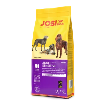 Gelbe Tüte JOSI DOG Adult Sensitive Hundefutter, 2,7 kg, mit Text in Deutsch und Englisch über die glutenfreie, hochverdauliche Formel.