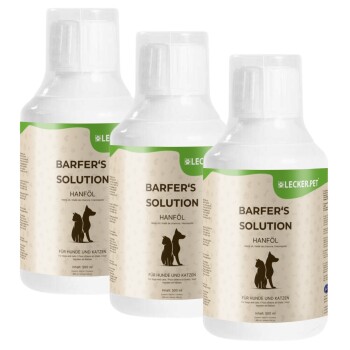 Flasche BARFER'S SOLUTION Hanföl (Hanföl) für Hunde und Katzen, 500 ml, mit einer Silhouette eines Hundes und einer Katze auf dem Etikett.