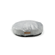 Rundes, plüschiges Haustierbett aus weichem grauem Stoff mit einer schwarzen Unterseite, mit einem kleinen braunen Etikett, das "neatpup.com" liest.