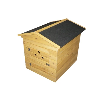 Wooden dog house with a slanted roof, featuring a side door and ventilation holes, designed for outdoor pet shelter.
