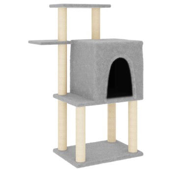 Grauer Kratzbaum für Katzen mit zwei Plattformen, einem gemütlichen Versteck und sisalumwickelten Pfosten zum Kratzen. Ideal für Katzen zum Spielen und Ausruhen.