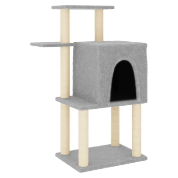 Grauer Kratzbaum für Katzen mit zwei Plattformen, einem gemütlichen Versteck und sisalumwickelten Pfosten zum Kratzen. Ideal für Katzen zum Spielen und Ausruhen.