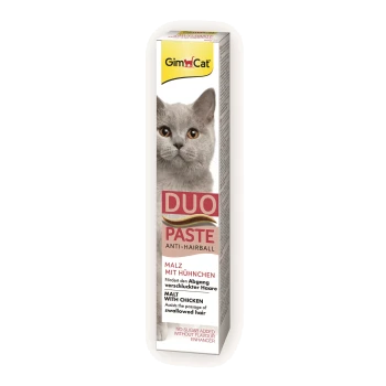 Doos GimCat DUO Paste anti-haarballen kattenmalt met kip, foto van een grijze kat en productnaam 'DUO PASTE'.