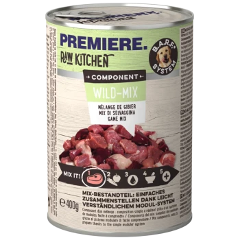 Dosenfutter für Haustiere mit der Aufschrift "Premiere Raw Kitchen Wild-Mix", das eine Mischung aus rohem Fleisch enthält. Enthält 400g, mit Anweisungen "Mischen!"