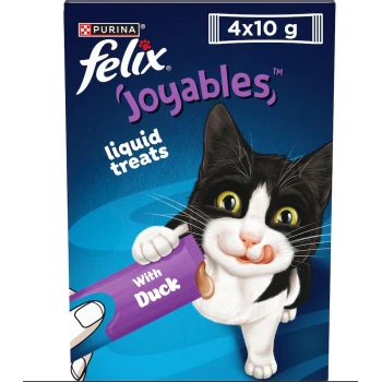 Packaging for Purina Felix 'Joyables' liquid treats featuring a playful black and white cat licking its lips, with text stating "With Duck."