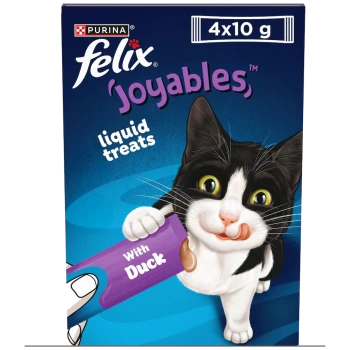 Packaging for Purina Felix 'Joyables' liquid treats featuring a playful black and white cat licking its lips, with text stating "With Duck."