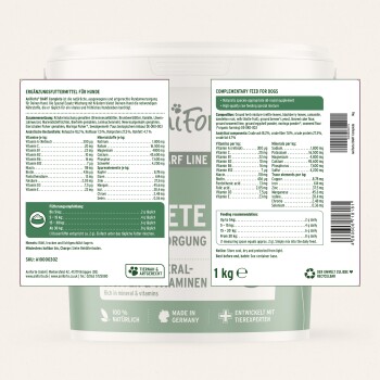 Hundefutterverpackung mit Nährstoffinformationen auf Deutsch und Englisch, einschließlich Zutaten, Fütterungshinweisen und Analyse.