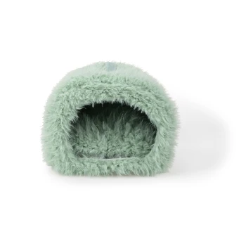 A cozy, mint green pet cave with a fluffy interior, designed for small animals to snuggle and rest comfortably.