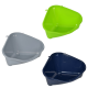 Three triangular pet litter boxes in green, gray, and navy blue, showcasing their spacious interiors and smooth surfaces.