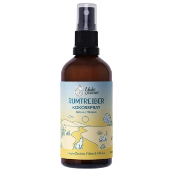 Braune Sprühflasche mit der Aufschrift 'Yuki cares Kokosspray' für Katzen und empfindliche Hunde und Welpen, 100 ml.