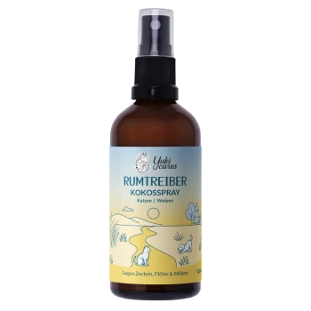 Braune Sprühflasche mit der Aufschrift 'Yuki cares Kokosspray' für Katzen und empfindliche Hunde und Welpen, 100 ml.
