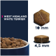Bild von Hundefutter in einer Schüssel, gekennzeichnet für West Highland White Terrier, zeigt Kibble-Größen von 10 mm und 4,5 mm.