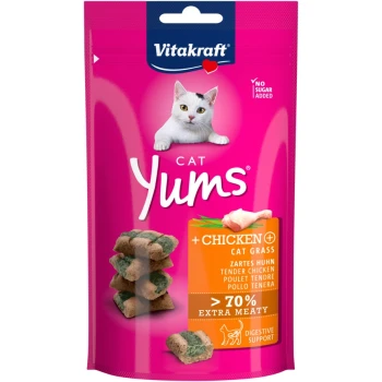 Cat Yums Huhn und Katzengras 9x40 g Vitakraft Cat Yums Leckerli-Tüte mit zartem Huhn und Katzenkraut, mit über 70% Fleischgehalt und Verdauungsunterstützung.