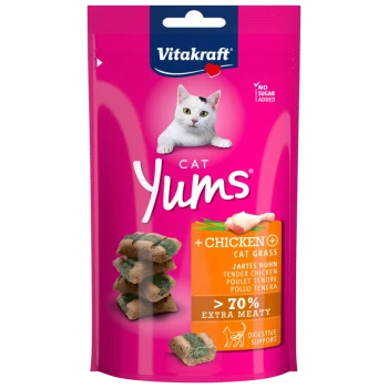 Vitakraft Cat Yums traktatiezak met malse kip en kattenkruid, met meer dan 70% vleesinhoud en spijsverteringsondersteuning.