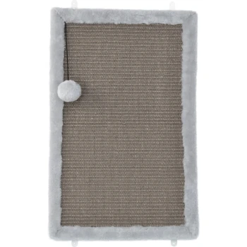Kratzteppich grau Grauer Katzenkratzbaum mit einem weichen, flauschigen Rand und einem Pom-Pom-Spielzeug, entworfen für das Spielen und Kratzen von Haustieren.