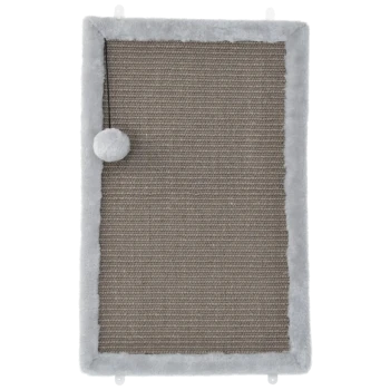 Grijze kattenkrabpaal met een zachte, pluizige rand en een pompon-speeltje eraan bevestigd, ontworpen voor het spelen en krabben van huisdieren.