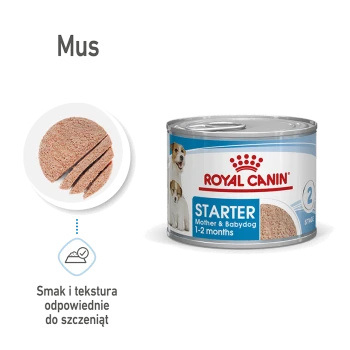 Puszka mokrej karmy dla psów Royal Canin Starter, oznaczona dla matek i szczeniąt w wieku 1-2 miesiące, z zbliżeniem na teksturę jedzenia.