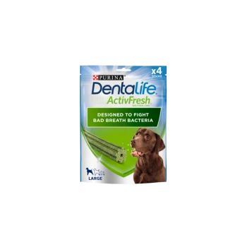 Purina DentalLife ActivFresh dog treats package featuring a brown dog, labeled "Designed to fight bad breath bacteria," with four sticks.