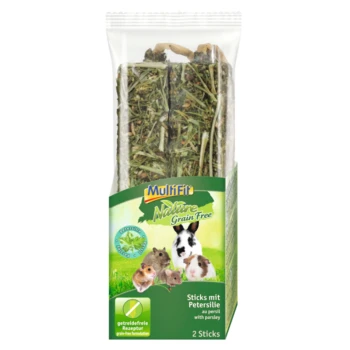 Nature Graanvrije Sticks Peterselie 2 st Multifit Nature Grain Free huisdier traktatiesticks met peterselie, met illustraties van kleine dieren en een label '2 Sticks'.