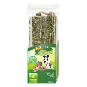 Multifit Nature Grain Free Leckerli-Sticks mit Petersilie, mit Illustrationen von Kleintieren und dem Etikett '2 Sticks'.