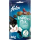 Opakowanie przysmaków dla kotów Felix Knabber Mix z wesołym czarno-białym kotem, z tekstem podkreślającym "Leckerli Strandspaß" i "2 kcal pro Snack."