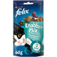 Felix Knabber Mix katten traktaties verpakking met een speelse zwart-witte kat, met tekst die 'Leckerli Strandspaß' en '2 kcal pro Snack' benadrukt.