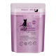Emballage de nourriture pour chats avec un design violet, étiqueté "Catz finefood," avec "Lamm & Kaninchen" (Agneau & Lapin) et "Sans sucre ajouté."