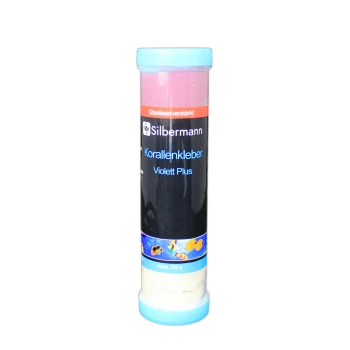 Behälter mit Silbermann Korallenkleber (Coral Glue) in Violet Plus, 300g, mit einem blauen Deckel und einem schwarzen Etikett mit aquatischen Motiven.