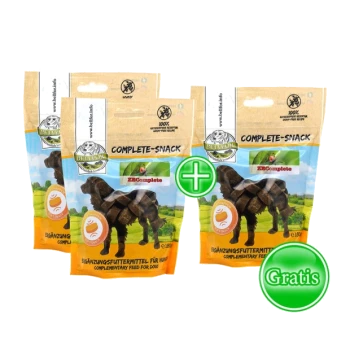 Vier Pakete von "Complete-Snack" Hundeleckerlis mit einer Silhouette eines Hundes, mit einem grünen "Gratis"-Etikett, das ein kostenloses Angebot anzeigt.