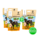 Vier Pakete von "Complete-Snack" Hundeleckerlis mit einer Silhouette eines Hundes, mit einem grünen "Gratis"-Etikett, das ein kostenloses Angebot anzeigt.