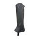 Schwarzer Leder-Haustierpflege-Stiefel, der eine enge Passform, einen Druckknopfverschluss und ein schützendes Design für die Haustierpflege aufweist.