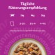 Violette Fütterungstabelle mit dem Text „Tägliche Fütterungsempfehlung“, Katzen-Symbol, Spalten für 3 kg/4 kg/5 kg mit Portionen 3–3½, 3½–4, 4–4½ sowie einer Futterschale.