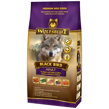 Premium-Hundefutterbeutel mit der Aufschrift "WOLFSBLUT BLACK BIRD ADULT", das Truthahn und Süßkartoffel enthält, mit Bildern der Zutaten und Gesundheitsansprüchen.