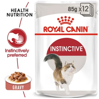 Royal Canin Instinctive cat food pouch, 85g x 12, featuring a fluffy cat and a bowl of gravy-covered kibble, labeled "Instinctively preferred."