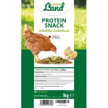 Braune Papiertüten mit Hühnerfutter, beschriftet mit "Leinkuchen Mehl," "Hagebutten Pulver," und "Bierhefe BT," mit einem Huhn und "Für glückliche Hühner."