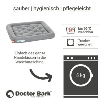 Graues Hundebett von Doctor Bark, gekennzeichnet als hygienisch und pflegeleicht, maschinenwaschbar bis 95 °C, trocknergeeignet, mit Anleitungen auf Deutsch.