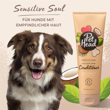 Ein glücklicher braun-weißer Hund sitzt neben dem Pet Head Sensitive Soul Conditioner für Hunde mit empfindlicher Haut, der Kokos- und Marulaöl enthält.